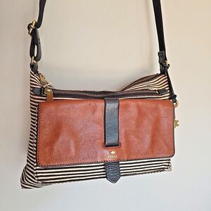 FOSSIL Kinley Medium Black White Striped Tan Leather Canvas Crossbody Bag Purse